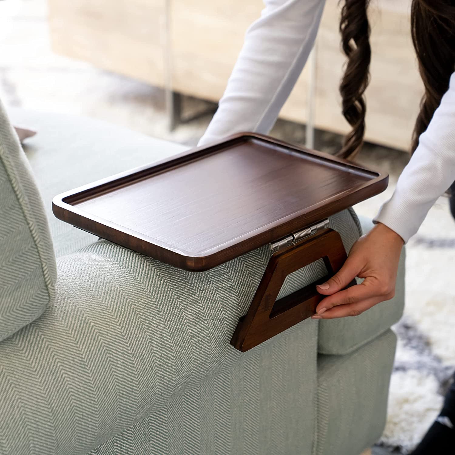 Bamboo Trayble Couch Arm Table, Clip on Tray Sofa Table for Couches. Sofa Arm Tray, Armchair Table for TV Dinners, Remotes, Drinks and Snacks - 13.75 X 9.5Inch, Brown | Clip on Tray, Sofa Table, Sofa Arm Tray, Armchair Table, TV Dinners, Remotes